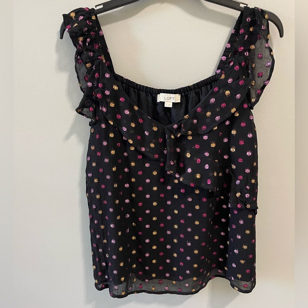 LOFT Black Top with Pink and Gold Dots size medium